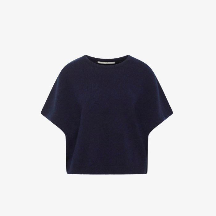 Duurzame donkerblauwe sweater met korte mouw van wol en biokatoen